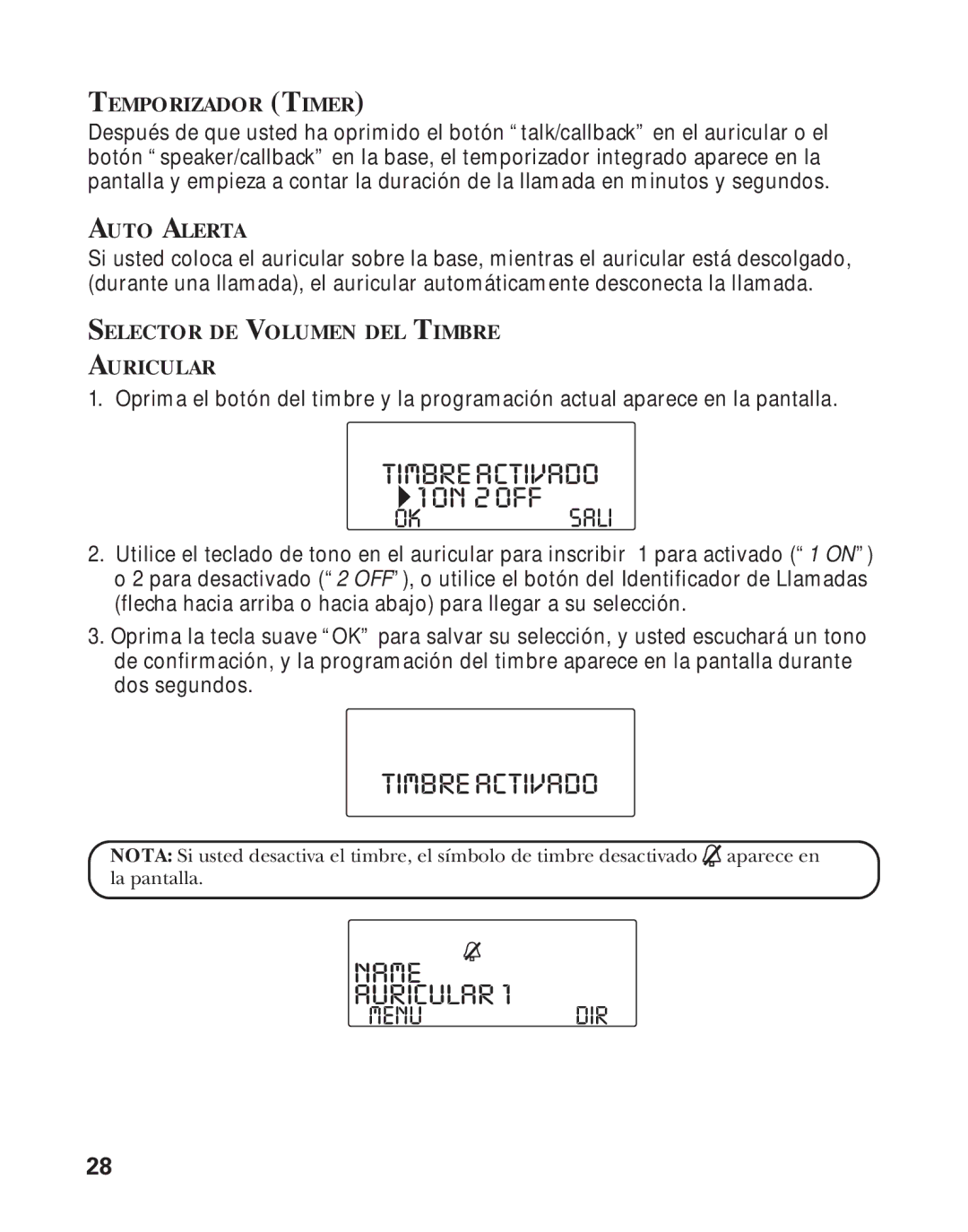 RCA Model 21011 manual Timbreactivado 1ON 2OFF, Name Auricular 