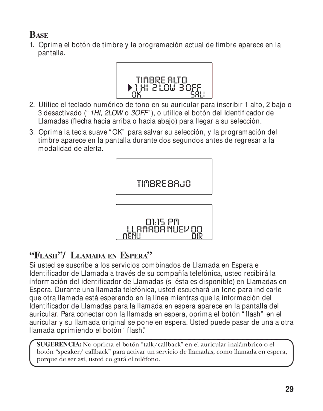 RCA Model 21011 manual Timbrealto HI 2LOW 3OFF, Timbrebajo, LLAMADANUEV00, FLASH/ Llamada EN Espera 