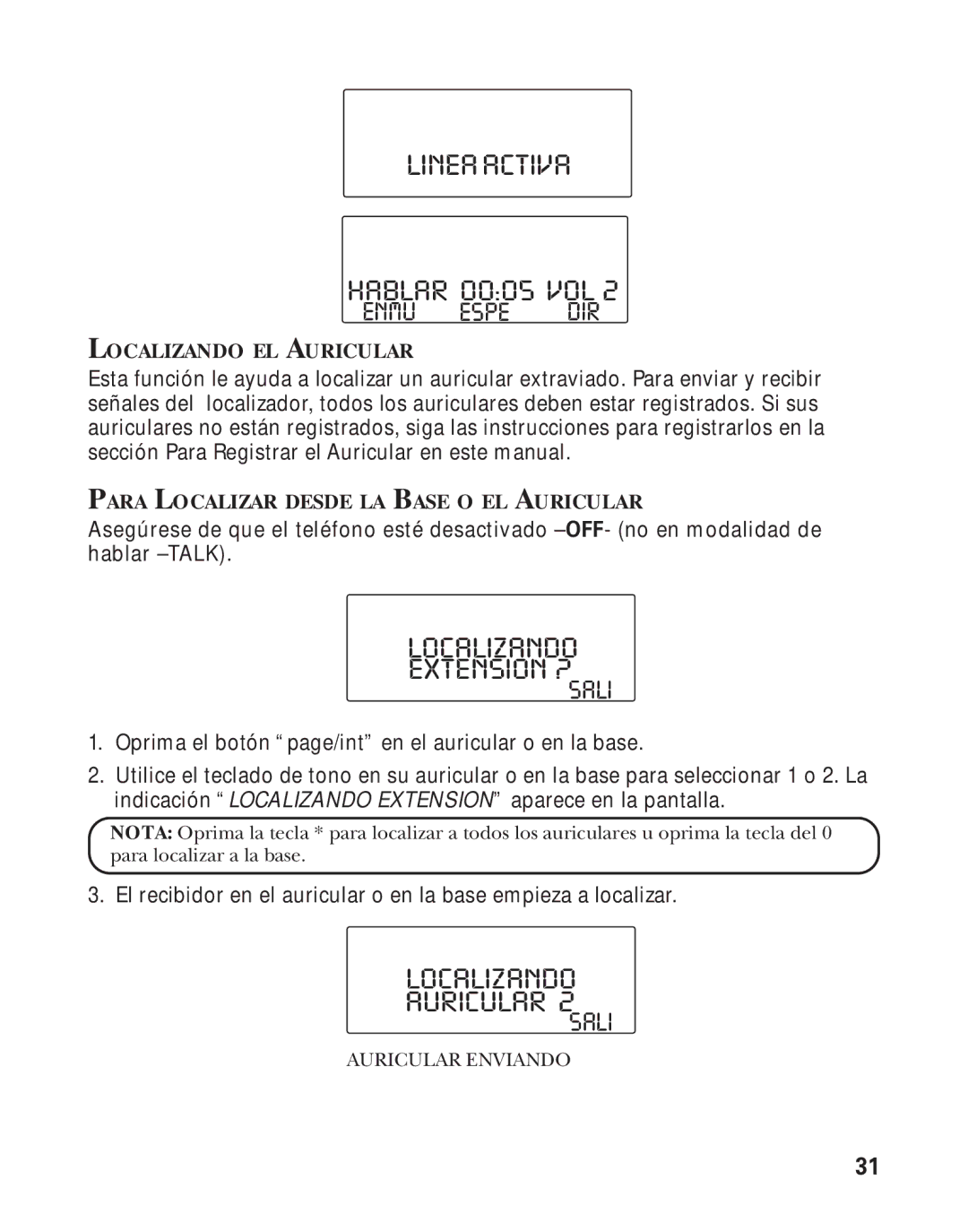 RCA Model 21011 manual Lineaactiva, Localizando Extension ?, Localizando Auricular, Enmu Espe DIR 