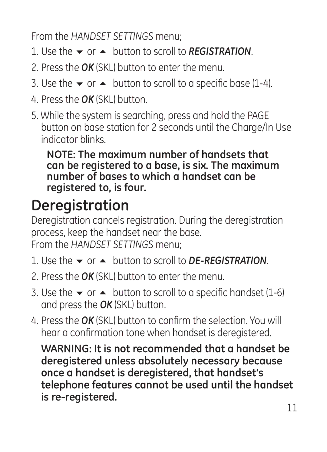 RCA Model 28301 manual Deregistration, From the Handset Settings menu 