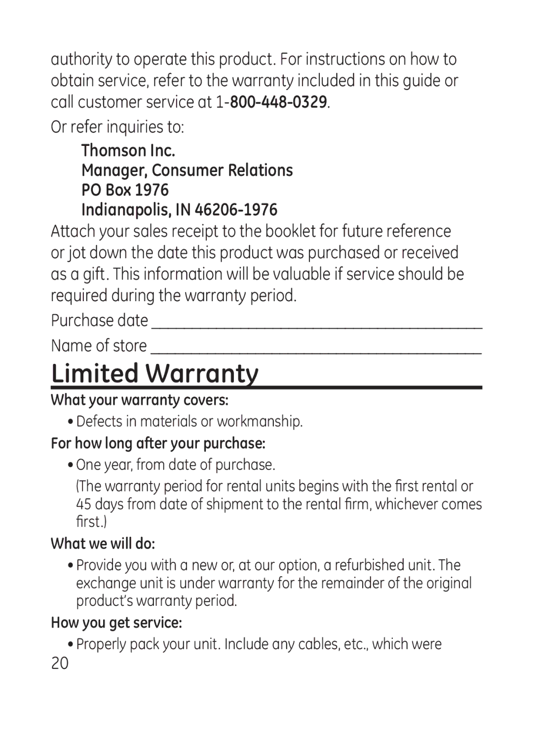 RCA Model 28301 manual Limited Warranty, What your warranty covers, For how long after your purchase, What we will do 