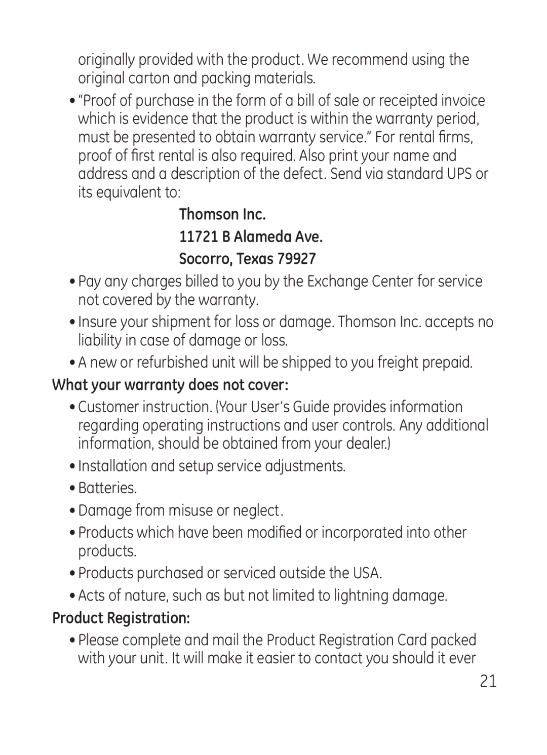 RCA Model 28301 manual Thomson Inc, What your warranty does not cover, Product Registration 