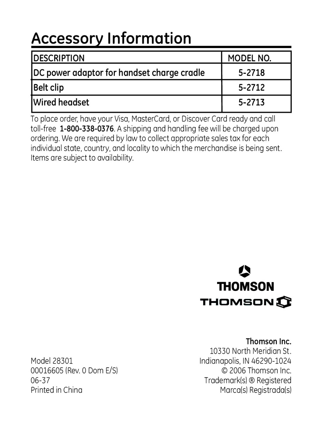 RCA Model 28301 manual Accessory Information, 2718, Belt clip 2712 Wired headset 2713, Thomson Inc 