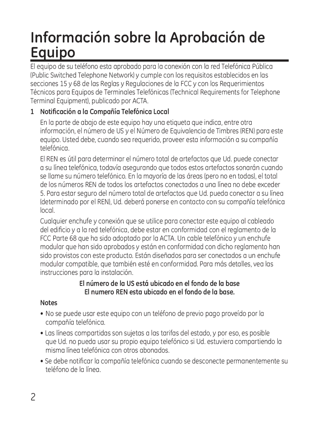 RCA Model 28301 manual Información sobre la Aprobación de Equipo, Notificación a la Compañía Telefónica Local 