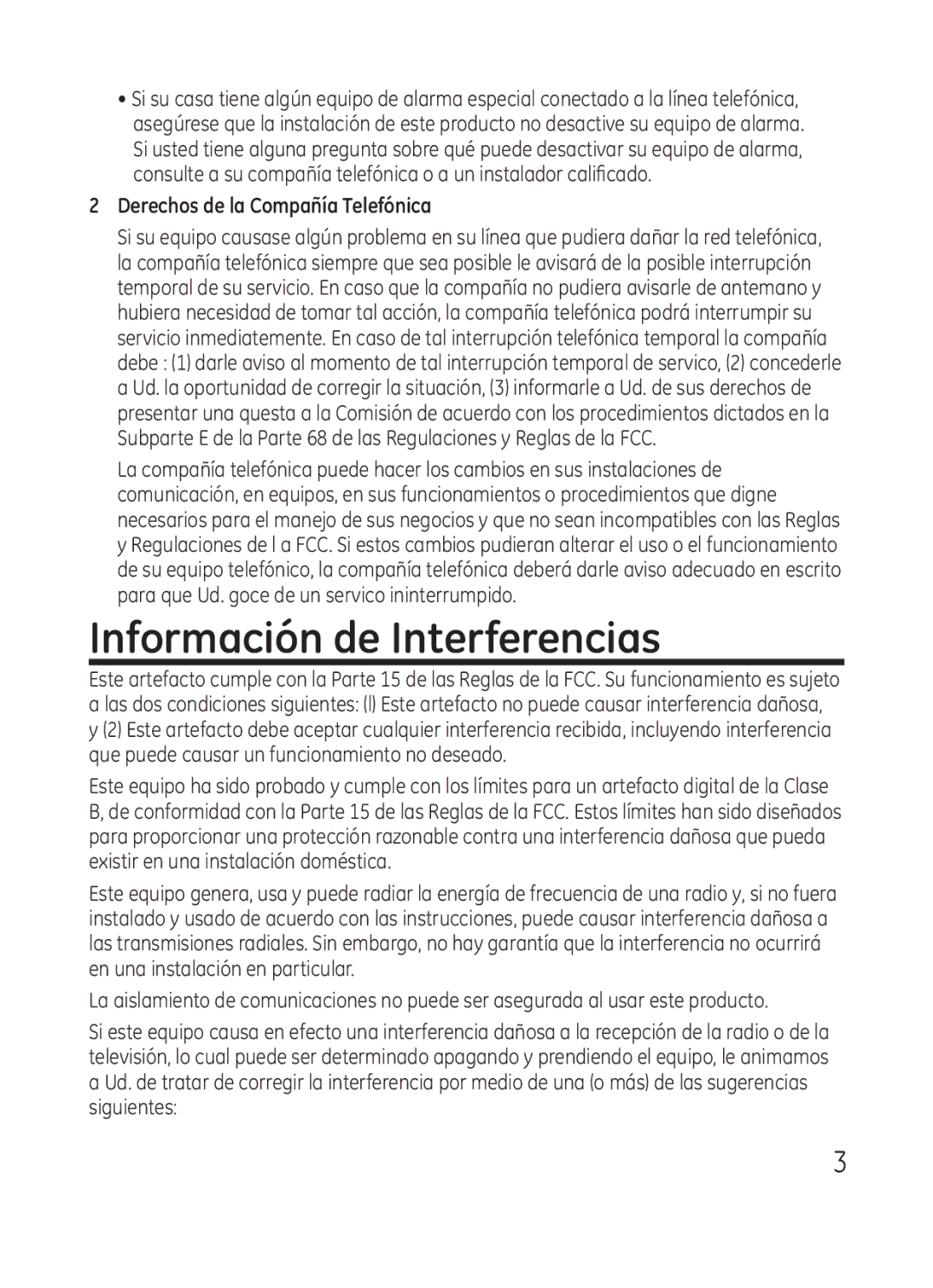 RCA Model 28301 manual Información de Interferencias, Derechos de la Compañía Telefónica 