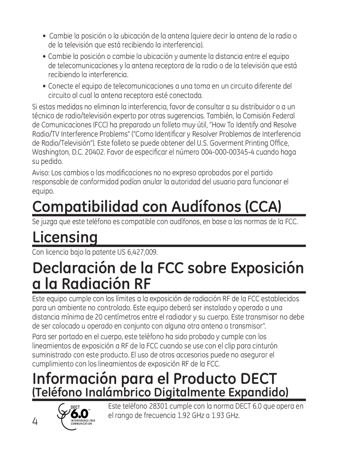 RCA Model 28301 Compatibilidad con Audífonos CCA, Licensing, Declaración de la FCC sobre Exposición a la Radiación RF 