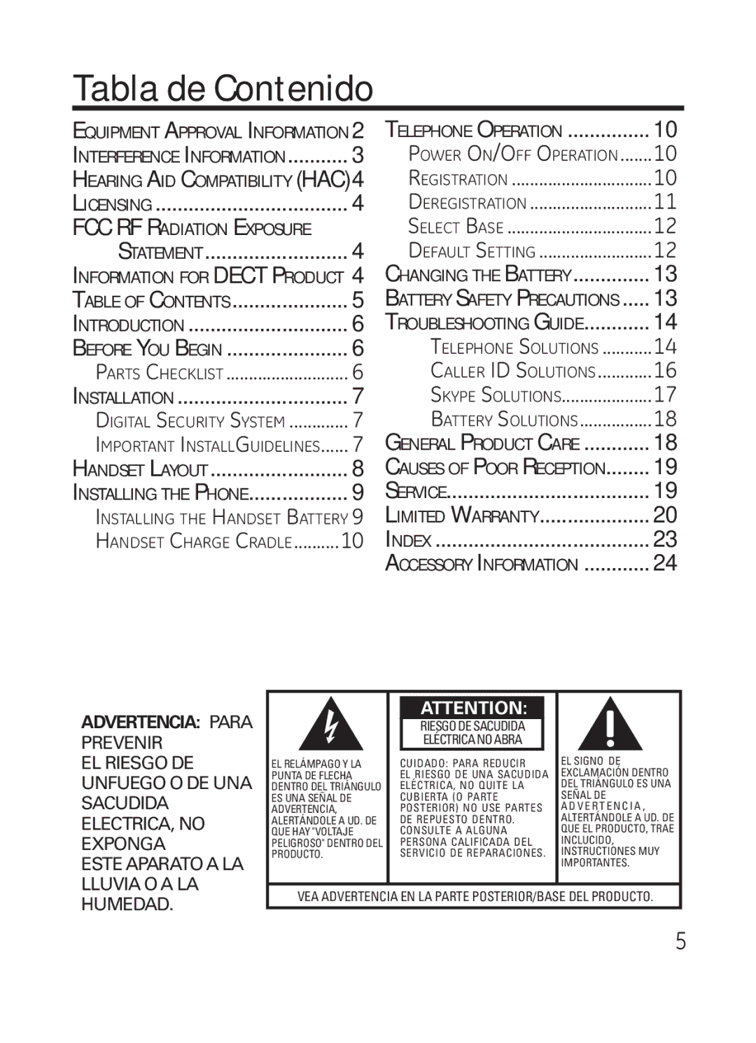 RCA Model 28301 manual Tabla de Contenido, Table of Contents Introduction, Handset Layout Installing the Phone 