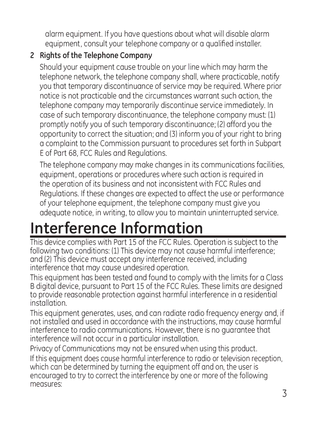 RCA Model 28301 manual Interference Information, Rights of the Telephone Company 