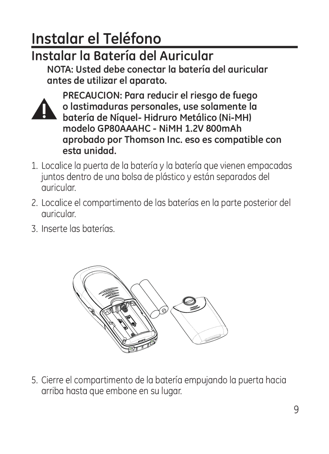 RCA Model 28301 manual Instalar el Teléfono, Instalar la Batería del Auricular 