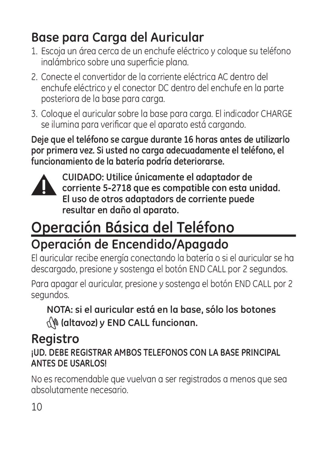 RCA Model 28301 Operación Básica del Teléfono, Base para Carga del Auricular, Operación de Encendido/Apagado, Registro 