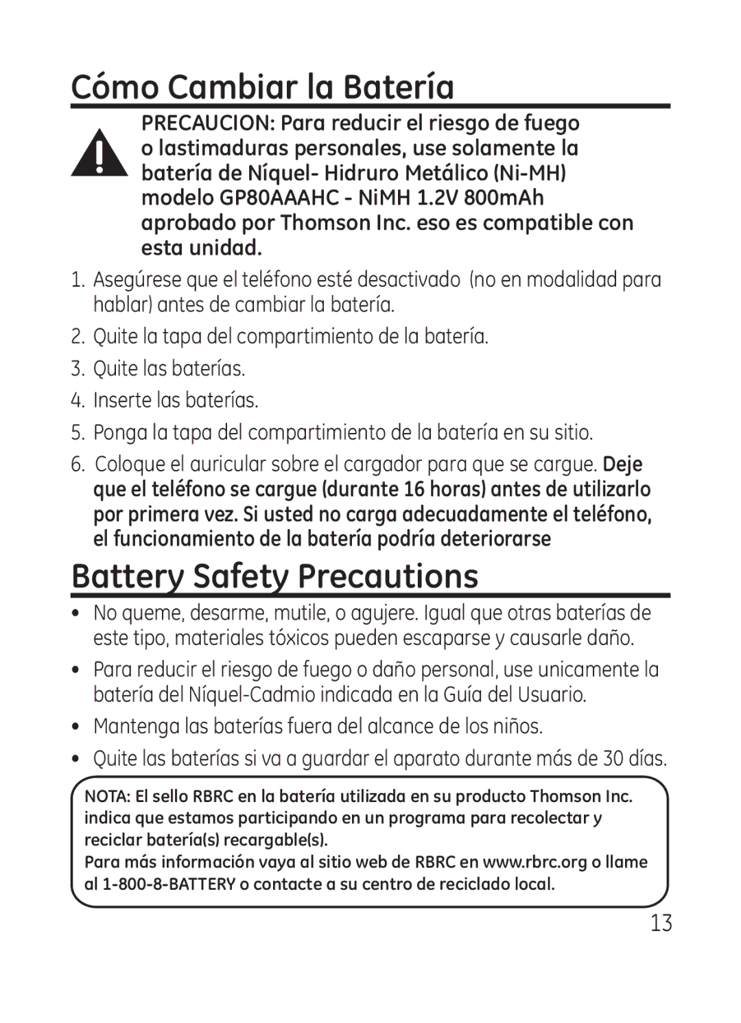 RCA Model 28301 Cómo Cambiar la Batería, Battery Safety Precautions, Mantenga las baterías fuera del alcance de los niños 