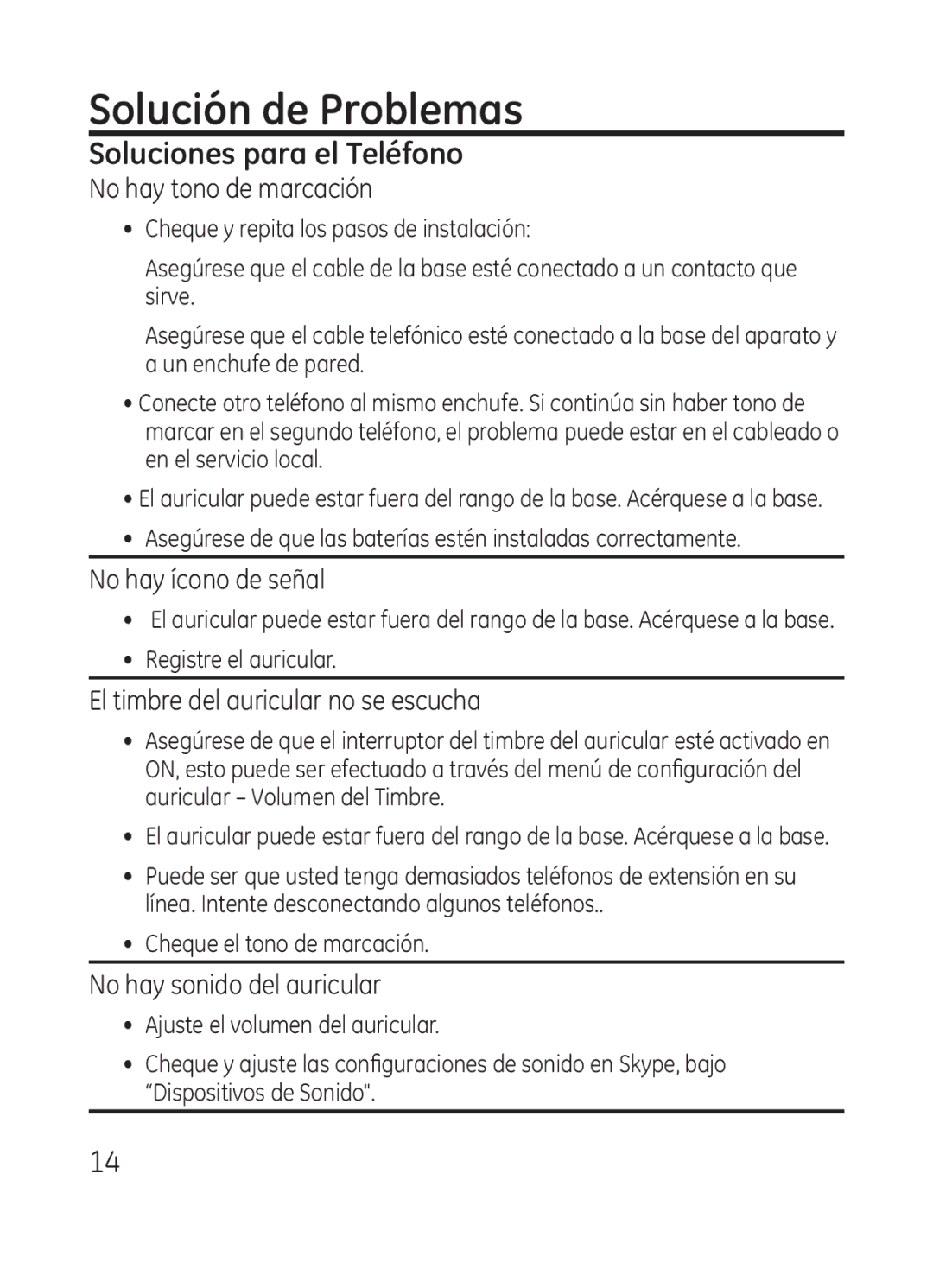 RCA Model 28301 manual Solución de Problemas, No hay tono de marcación, No hay ícono de señal, No hay sonido del auricular 