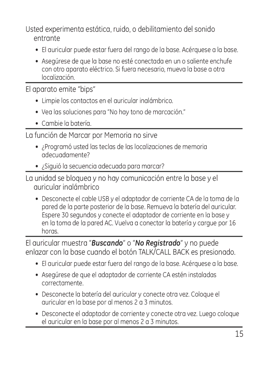 RCA Model 28301 manual El aparato emite bips, La función de Marcar por Memoria no sirve 