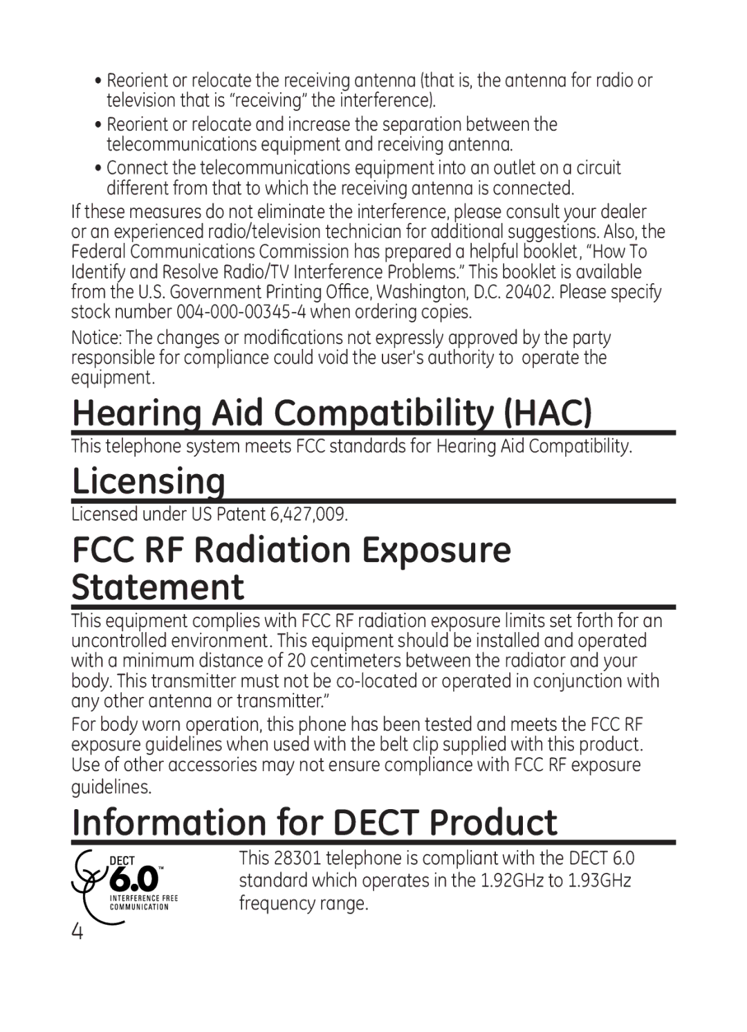 RCA Model 28301 manual Hearing Aid Compatibility HAC, Licensing, FCC RF Radiation Exposure Statement 