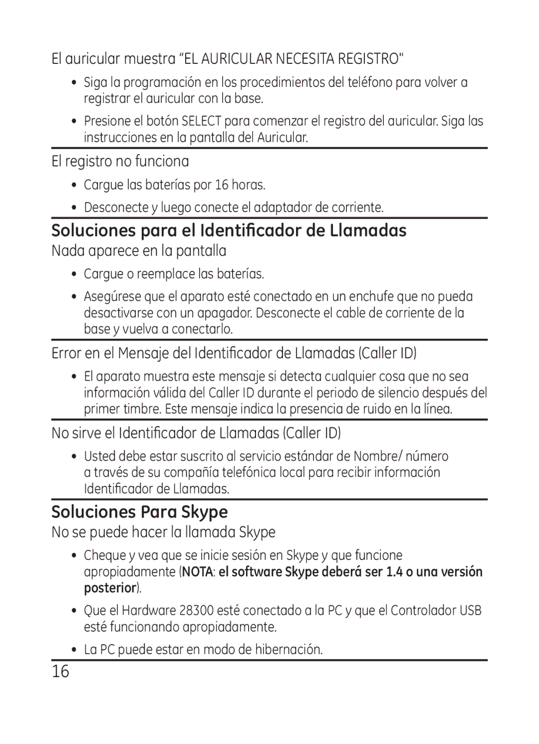 RCA Model 28301 El auricular muestra EL Auricular Necesita Registro, El registro no funciona, Nada aparece en la pantalla 