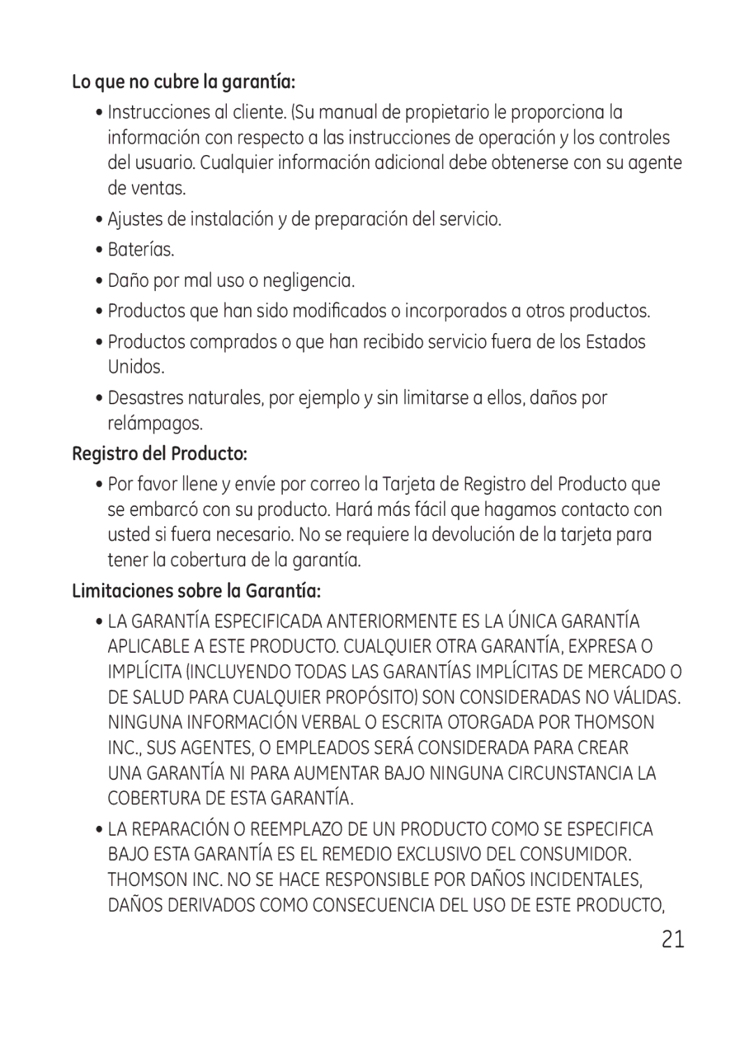 RCA Model 28301 manual Lo que no cubre la garantía, Registro del Producto, Limitaciones sobre la Garantía 