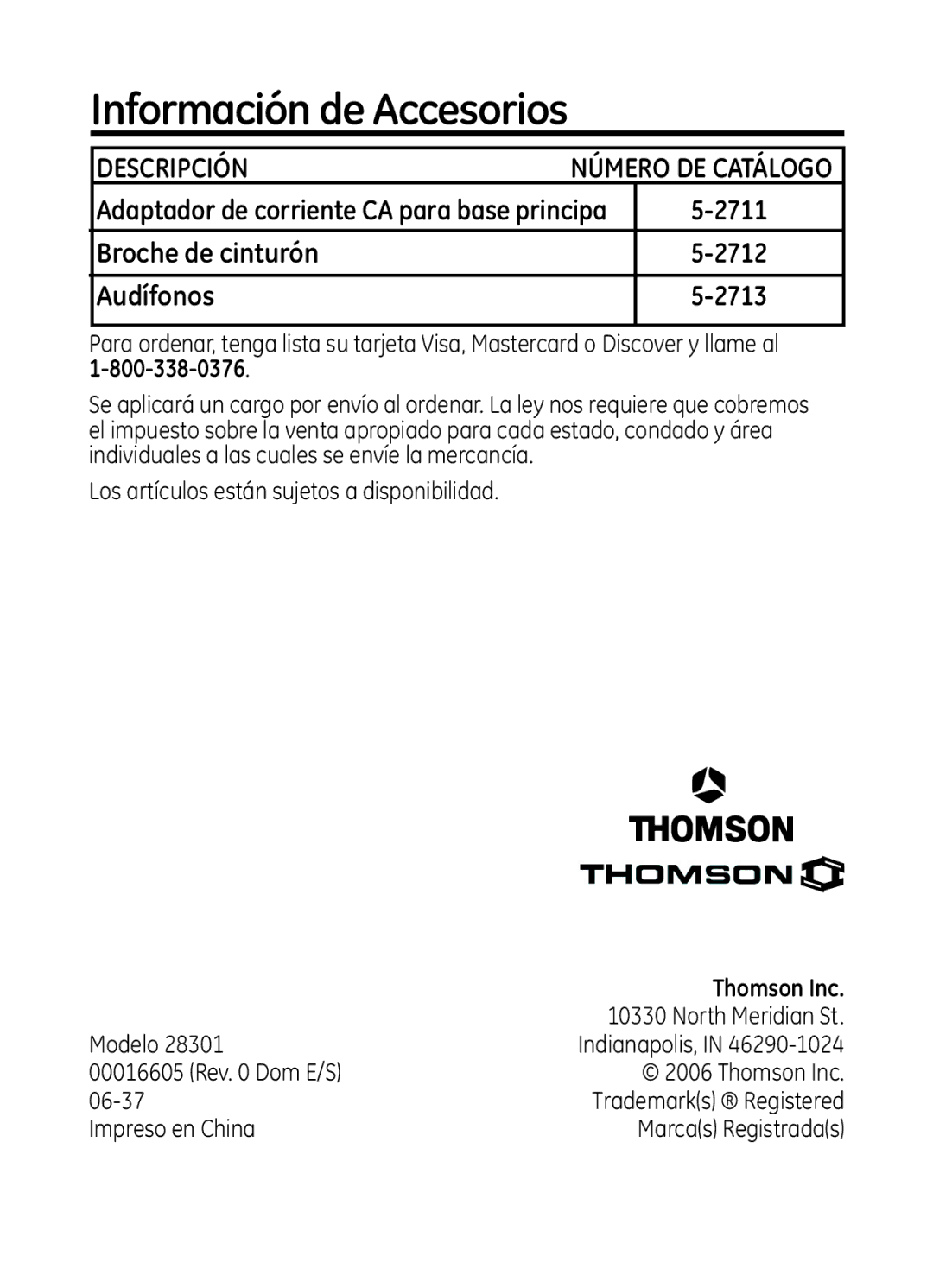 RCA Model 28301 manual Información de Accesorios, 2711, Broche de cinturón 2712 Audífonos 2713 