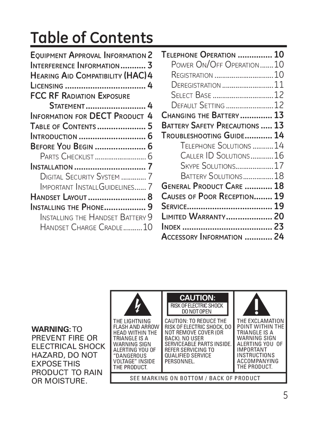 RCA Model 28301 manual Table of Contents 