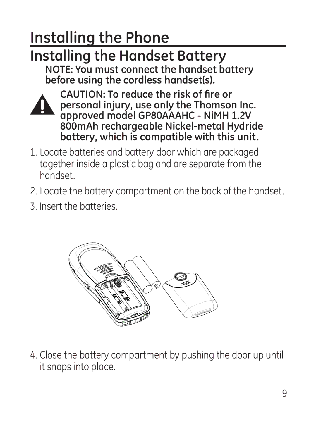 RCA Model 28301 manual Installing the Phone, Installing the Handset Battery 