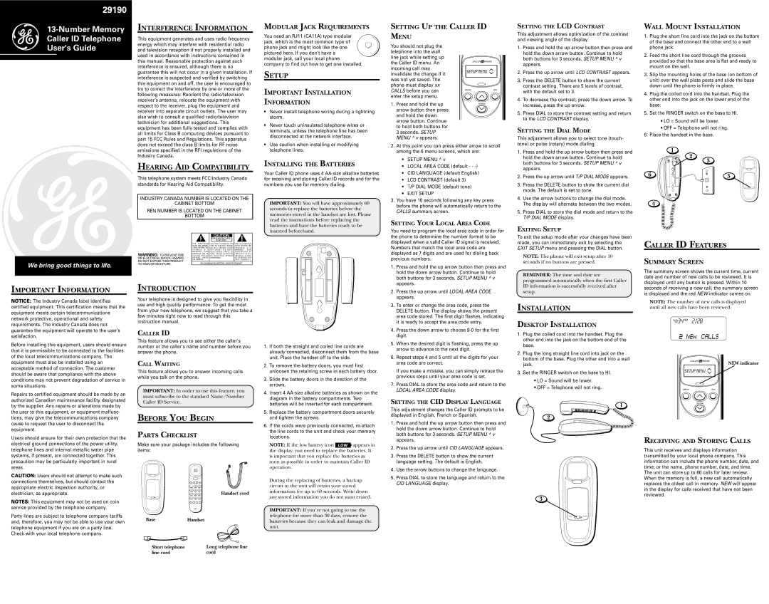 RCA Model 29190C user service Interference Information, Setup, Hearing AID Compatibility, Caller ID Features, Introduction 