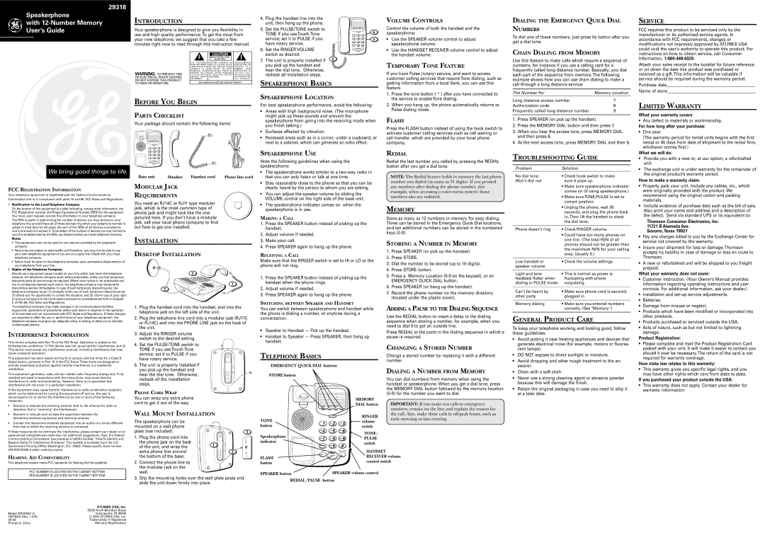 RCA Model 29318 instruction manual Introduction, Service, Speakerphone Basics, Before YOU Begin, Limited Warranty, Memory 