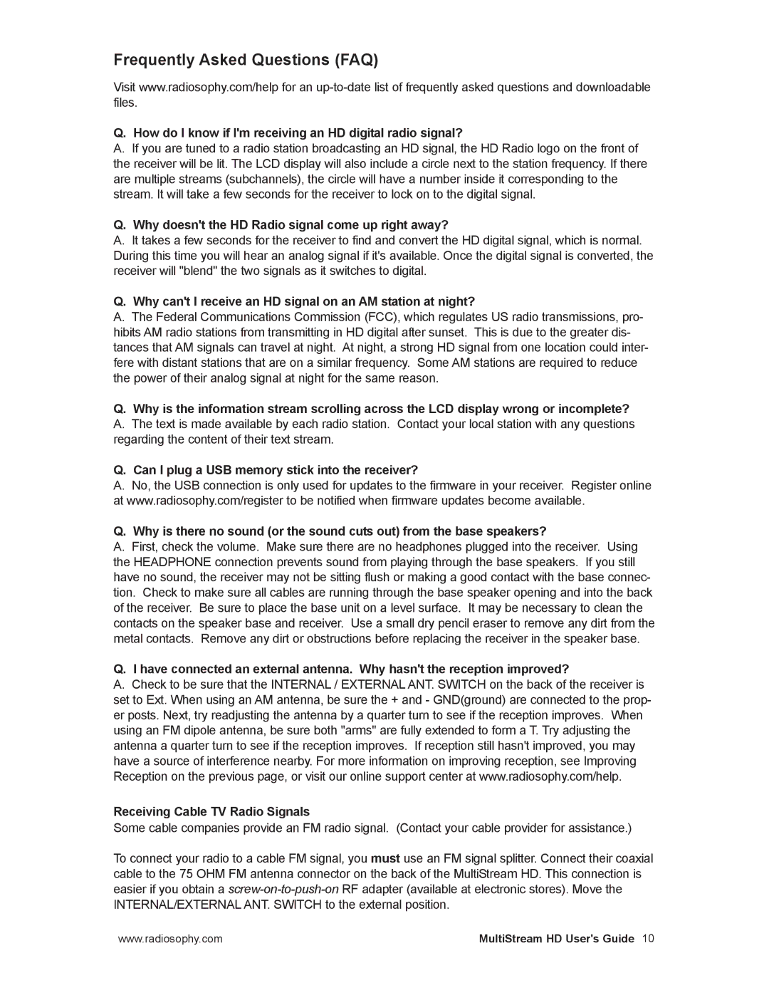 RCA MPA0001 manual Frequently Asked Questions FAQ, How do I know if Im receiving an HD digital radio signal? 