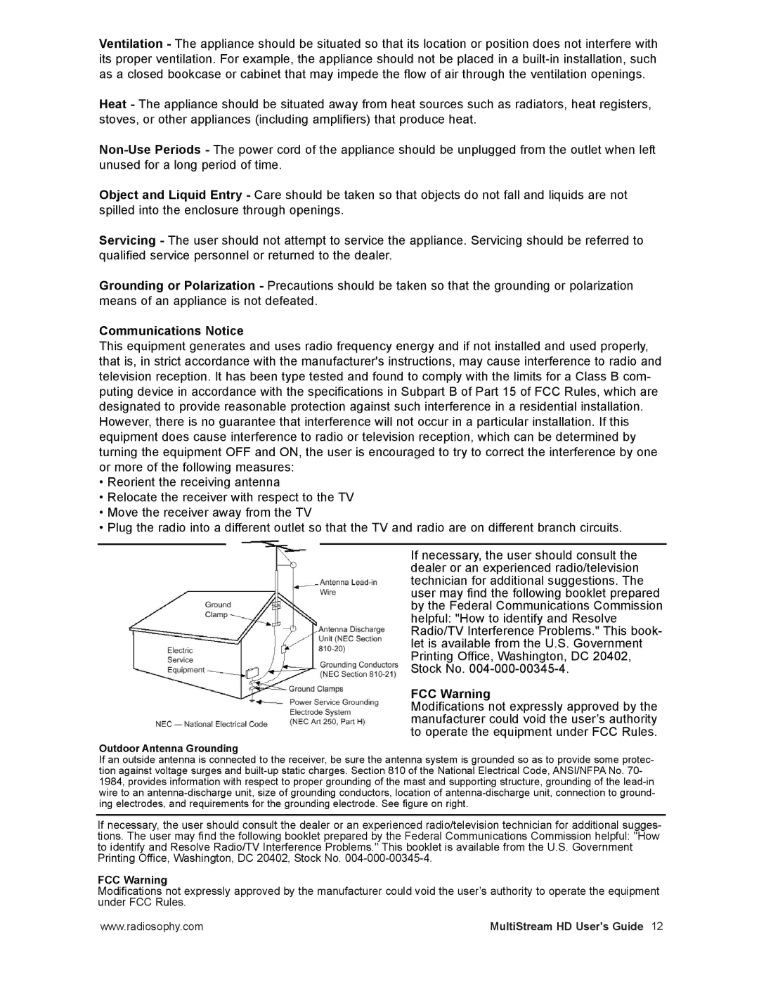 RCA MPA0001 manual Communications Notice, FCC Warning 