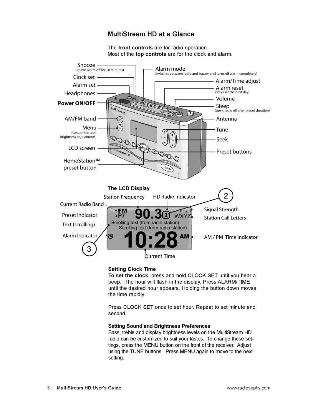 RCA MPA0001 manual MultiStream HD at a Glance, LCD Display, Setting Clock Time, Setting Sound and Brightness Preferences 