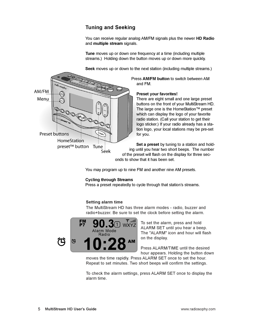 RCA MPA0001 manual Tuning and Seeking, Preset your favorites, Cycling through Streams, Setting alarm time 