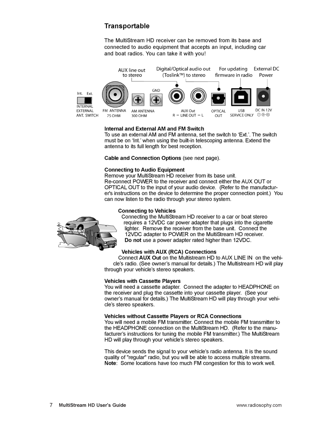 RCA MPA0001 manual Transportable, Internal and External AM and FM Switch, Connecting to Vehicles 