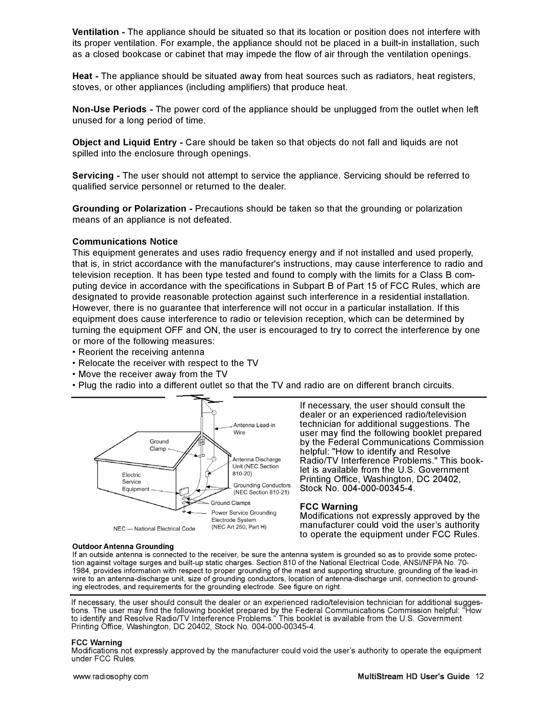 RCA MPA0001 manual Communications Notice, FCC Warning 