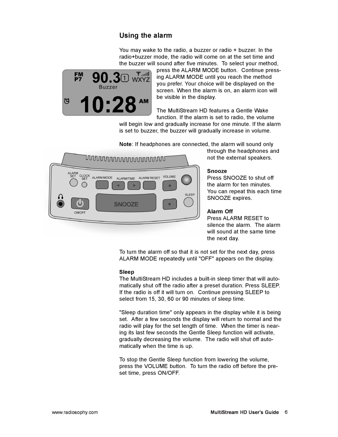 RCA MPA0001 manual Using the alarm, Snooze, Alarm Off, Sleep 