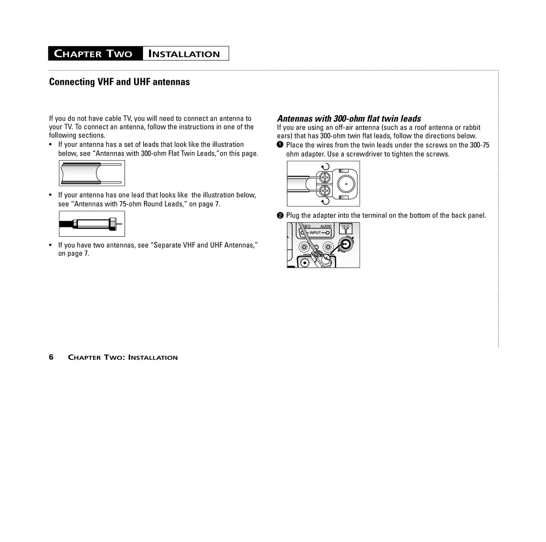 RCA MR13401, M14300, M19401, M20300, CR14401, CR20401 user manual Chapter TWO Installation, Connecting VHF and UHF antennas 