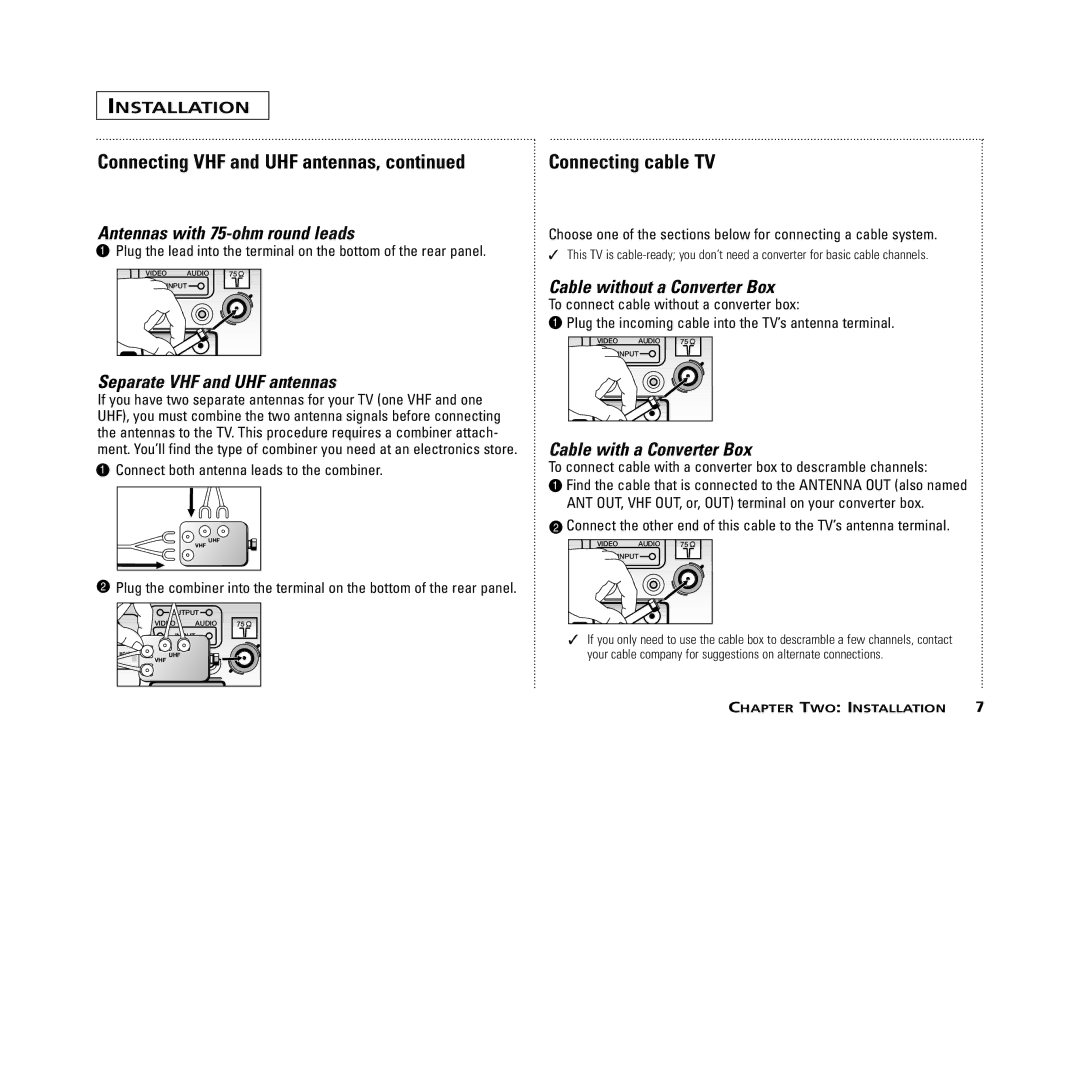 RCA MR13401, M14300, M19401, M20300, CR14401, CR20401 user manual Installation, Antennas with 75-ohm round leads 