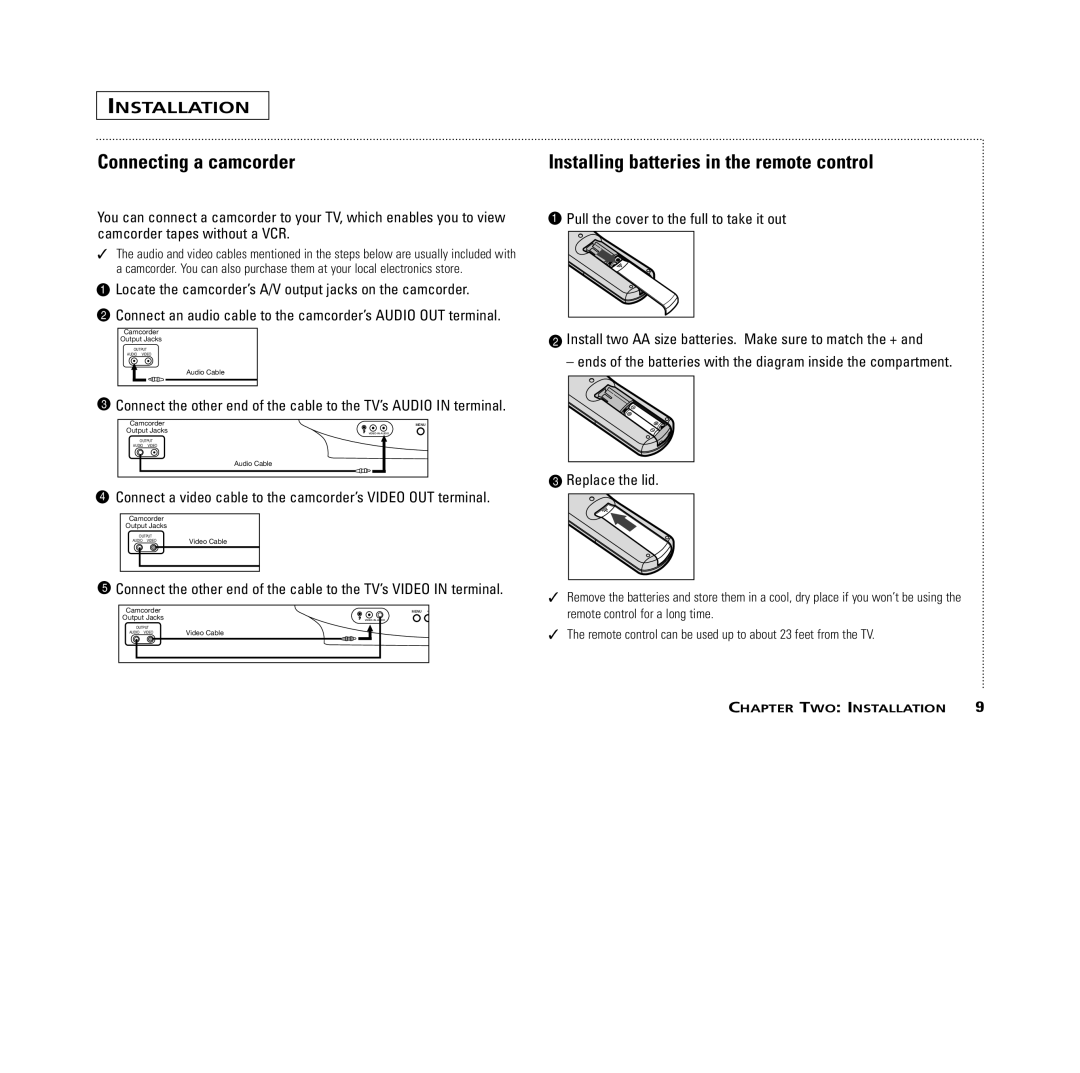 RCA MR13401, M14300, M19401, M20300, CR14401, CR20401 Connecting a camcorder, Installing batteries in the remote control 