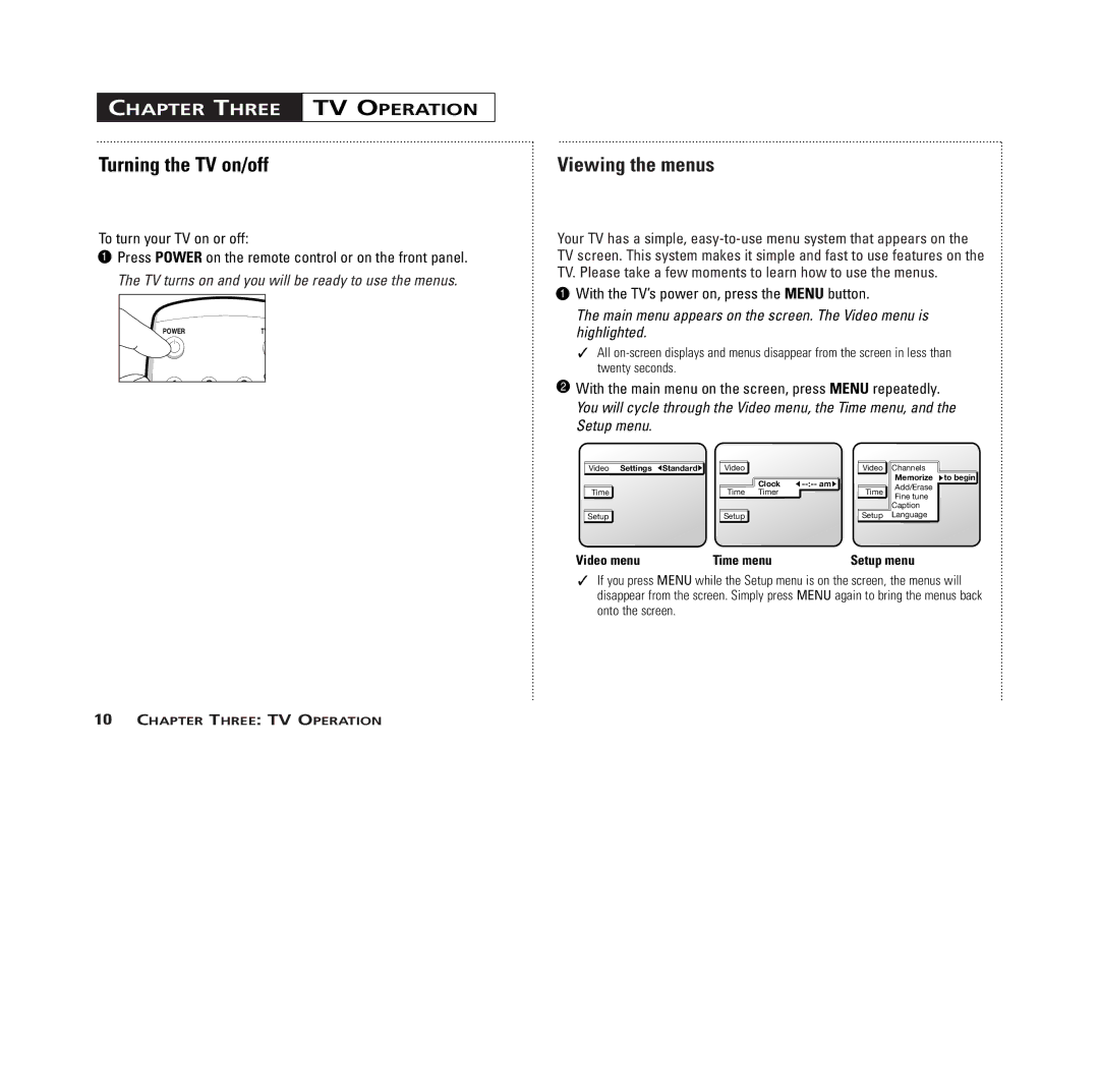 RCA MR13401, M14300, M19401, M20300, CR14401, CR20401 Chapter Three TV Operation, Turning the TV on/off, Viewing the menus 