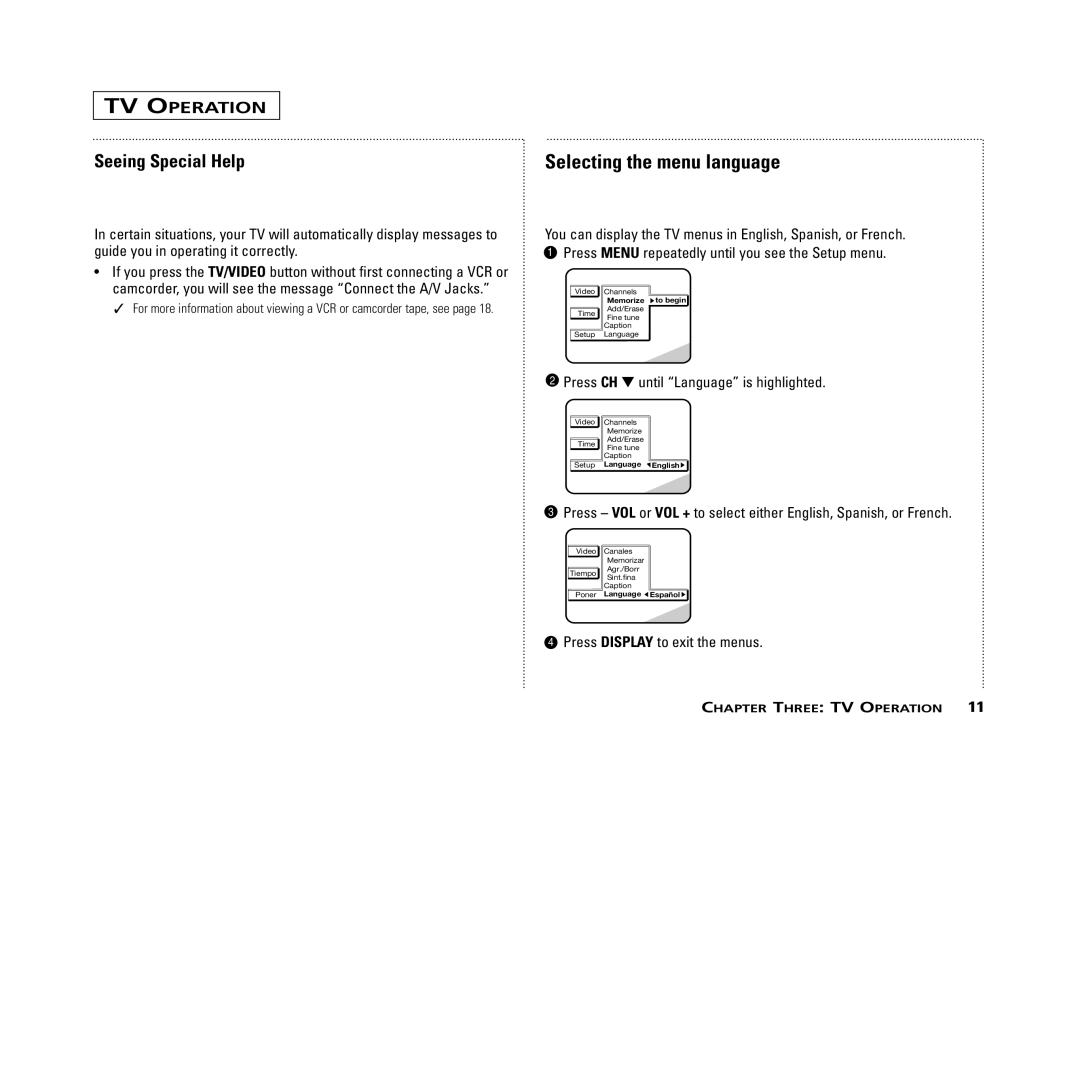 RCA MR13401, M14300, M19401, M20300, CR14401, CR20401 user manual TV Operation, Selecting the menu language 