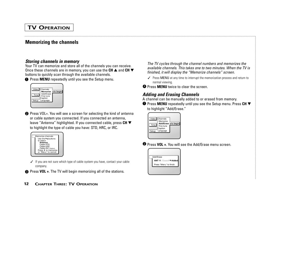 RCA MR13401, M14300, M19401, M20300, CR14401, CR20401 user manual Memorizing the channels, Storing channels in memory 