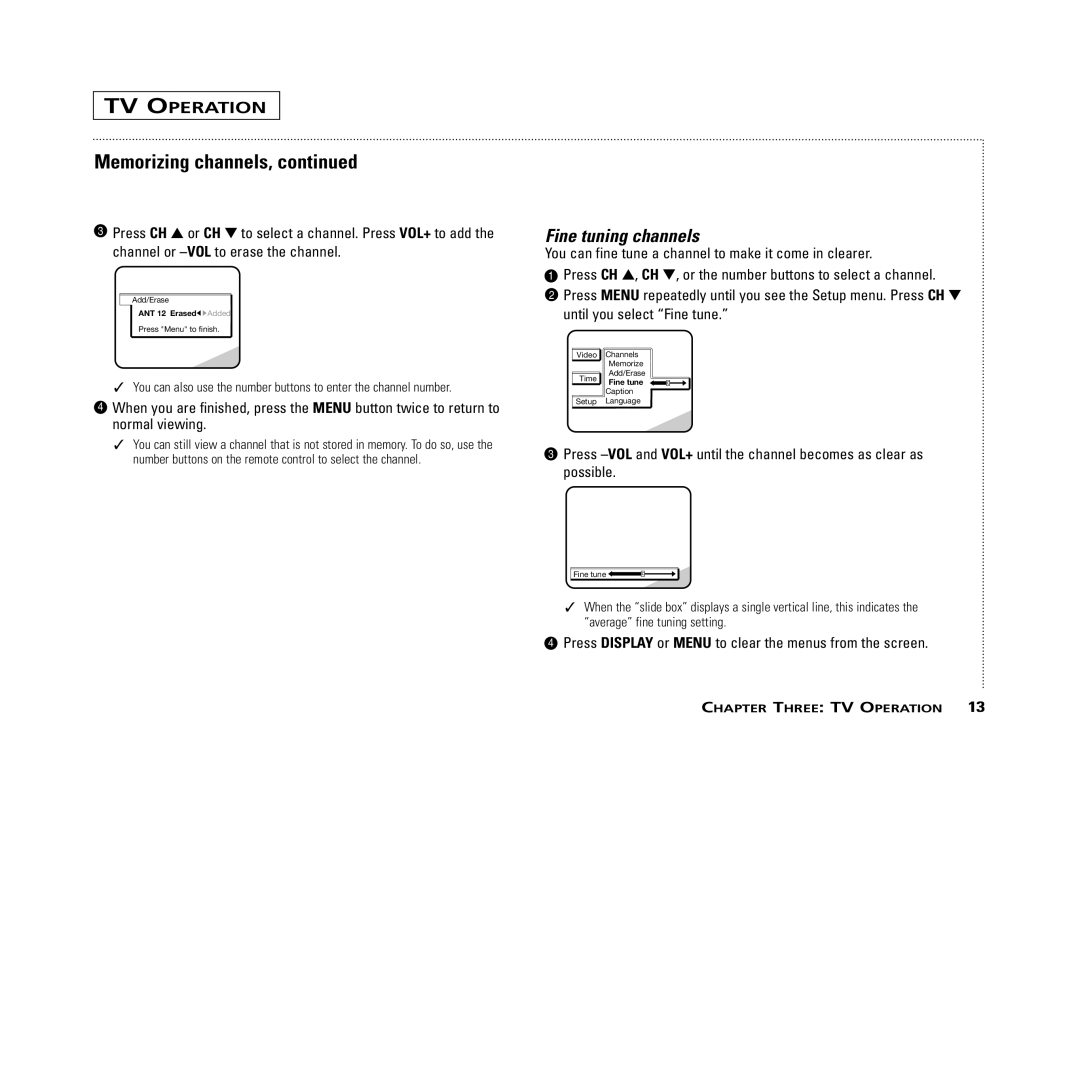 RCA MR13401, M14300, M19401, M20300, CR14401, CR20401 user manual Memorizing channels, Fine tuning channels 