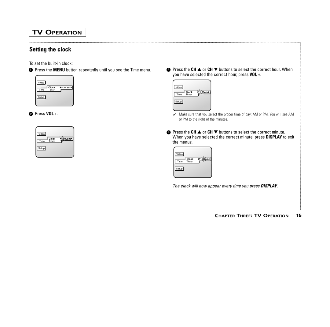 RCA MR13401, M14300, M19401, M20300, CR14401, CR20401 user manual Setting the clock, Press VOL + 