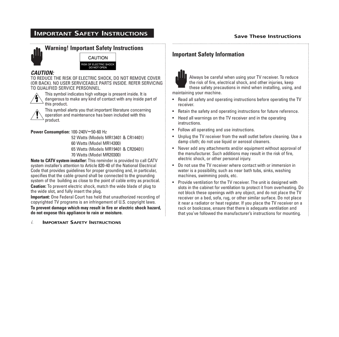 RCA MR13401, M14300, M19401, M20300, CR14401, CR20401 Important Safety Instructions, Important Safety Information 