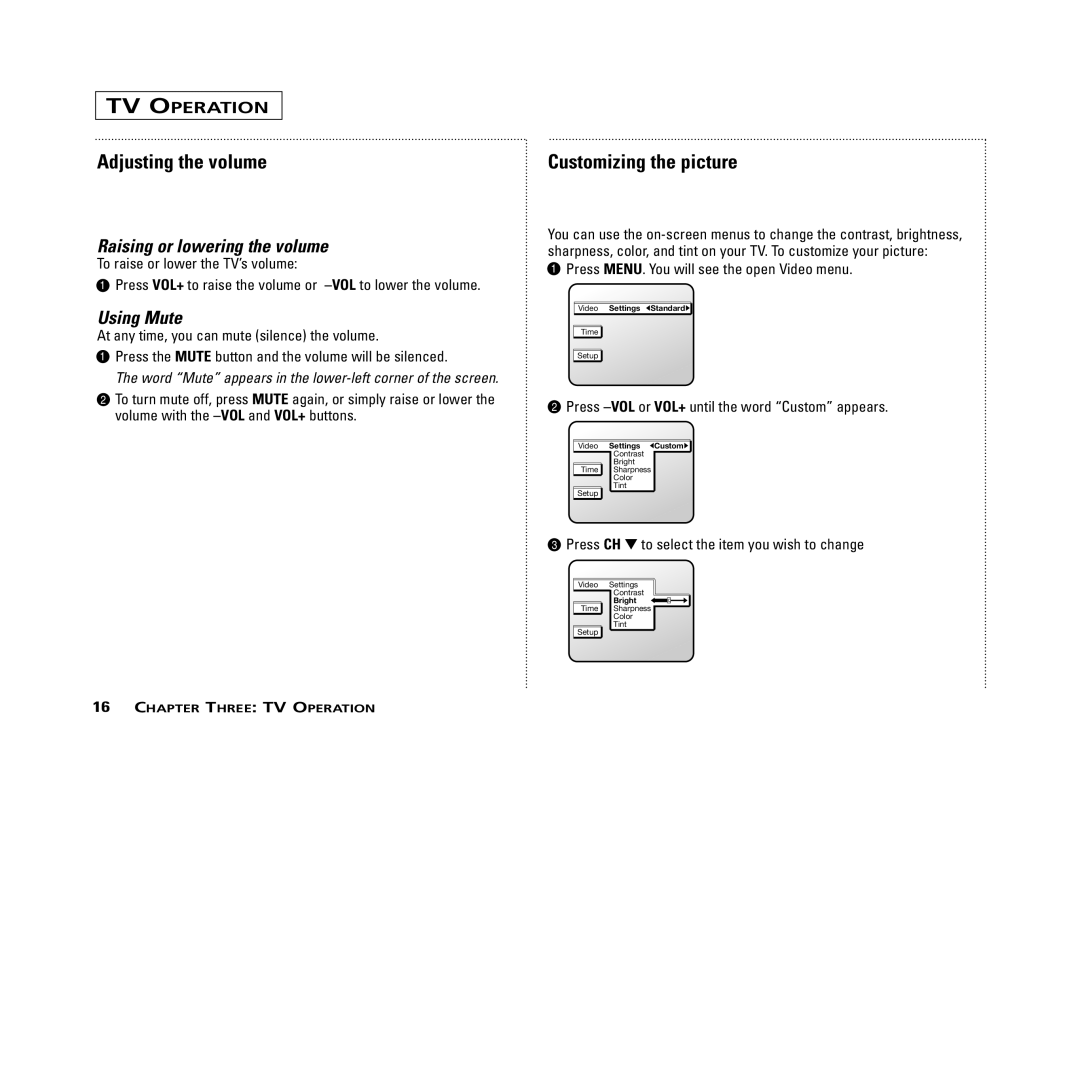 RCA MR13401, M14300, M19401, M20300, CR14401, CR20401 user manual Adjusting the volume, Customizing the picture, Using Mute 