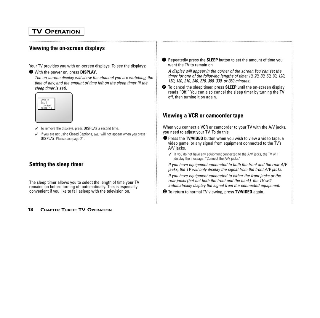 RCA MR13401, M14300, M19401, M20300, CR14401, CR20401 user manual Viewing the on-screen displays, Setting the sleep timer 