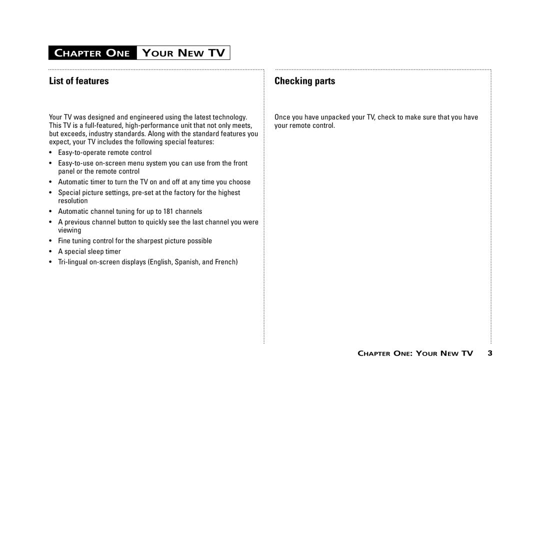 RCA MR13401, M14300, M19401, M20300, CR14401, CR20401 Chapter ONE, Your NEW TV, List of features, Checking parts 