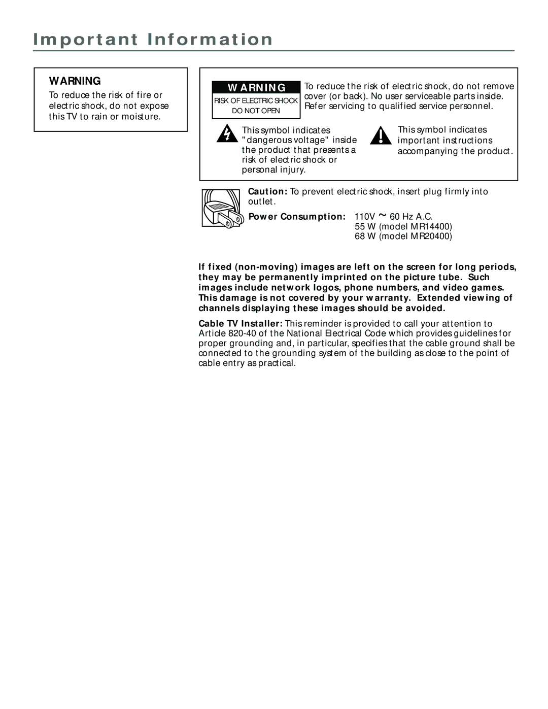 RCA MR14400, MR20400 manual Important Information 