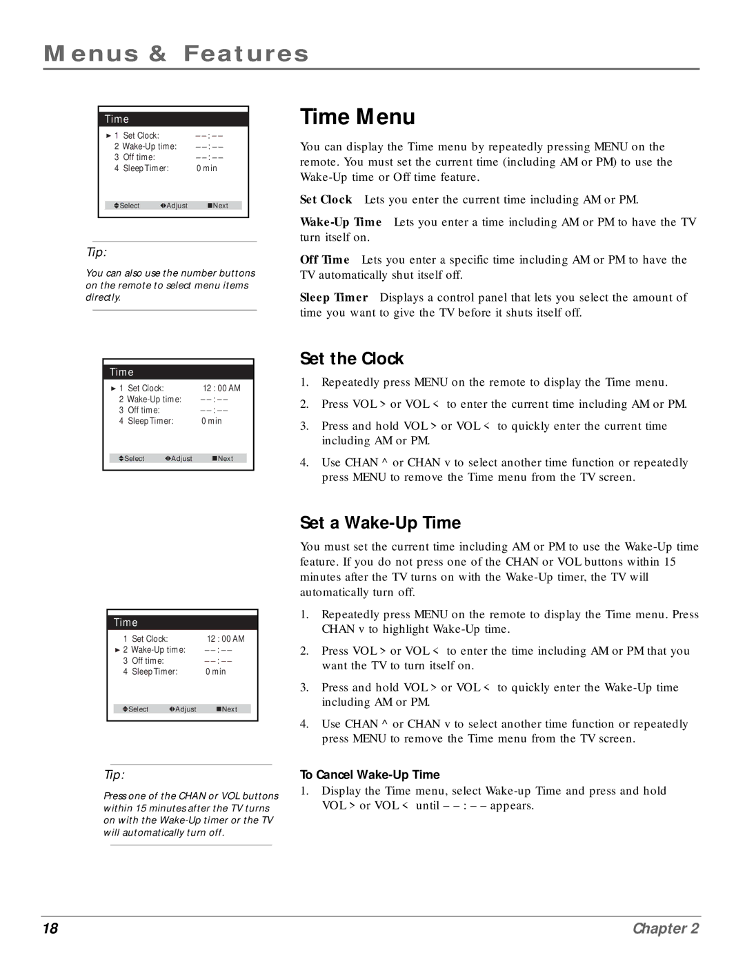 RCA MR14400, MR20400 manual Time Menu, Set the Clock, Set a Wake-Up Time 