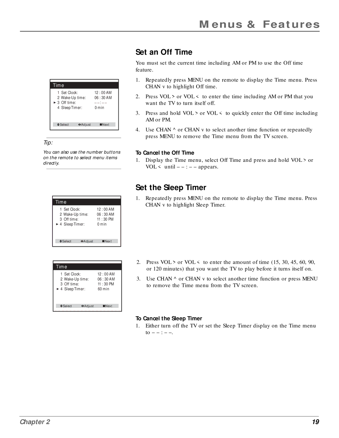 RCA MR14400, MR20400 manual Set an Off Time, Set the Sleep Timer 