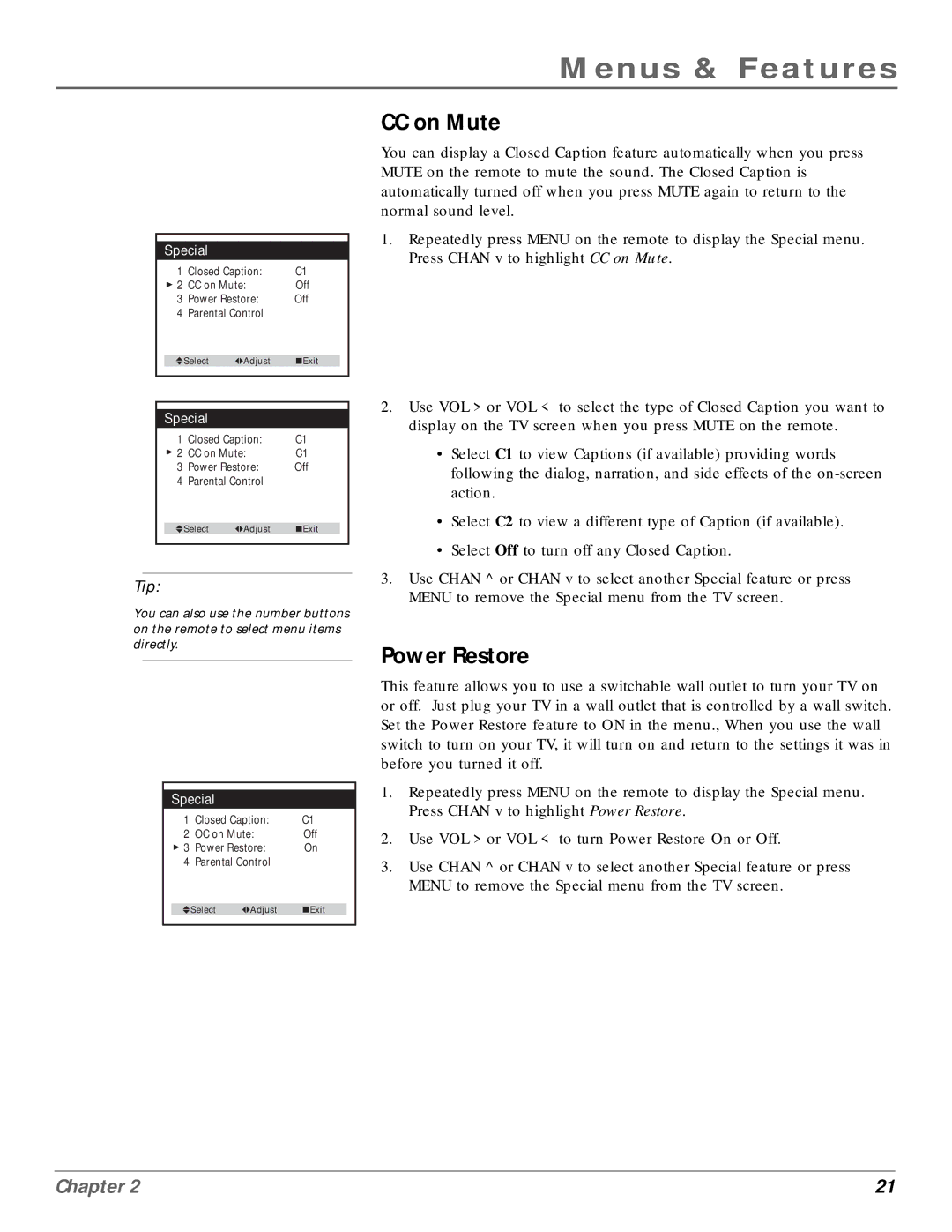 RCA MR14400, MR20400 manual CC on Mute, Power Restore 