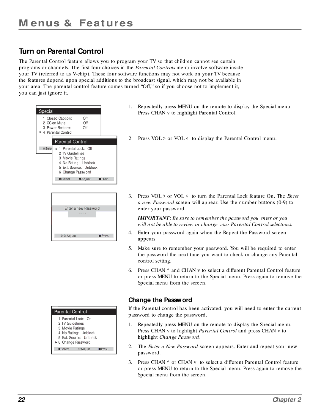 RCA MR14400, MR20400 manual Turn on Parental Control, Change the Password 