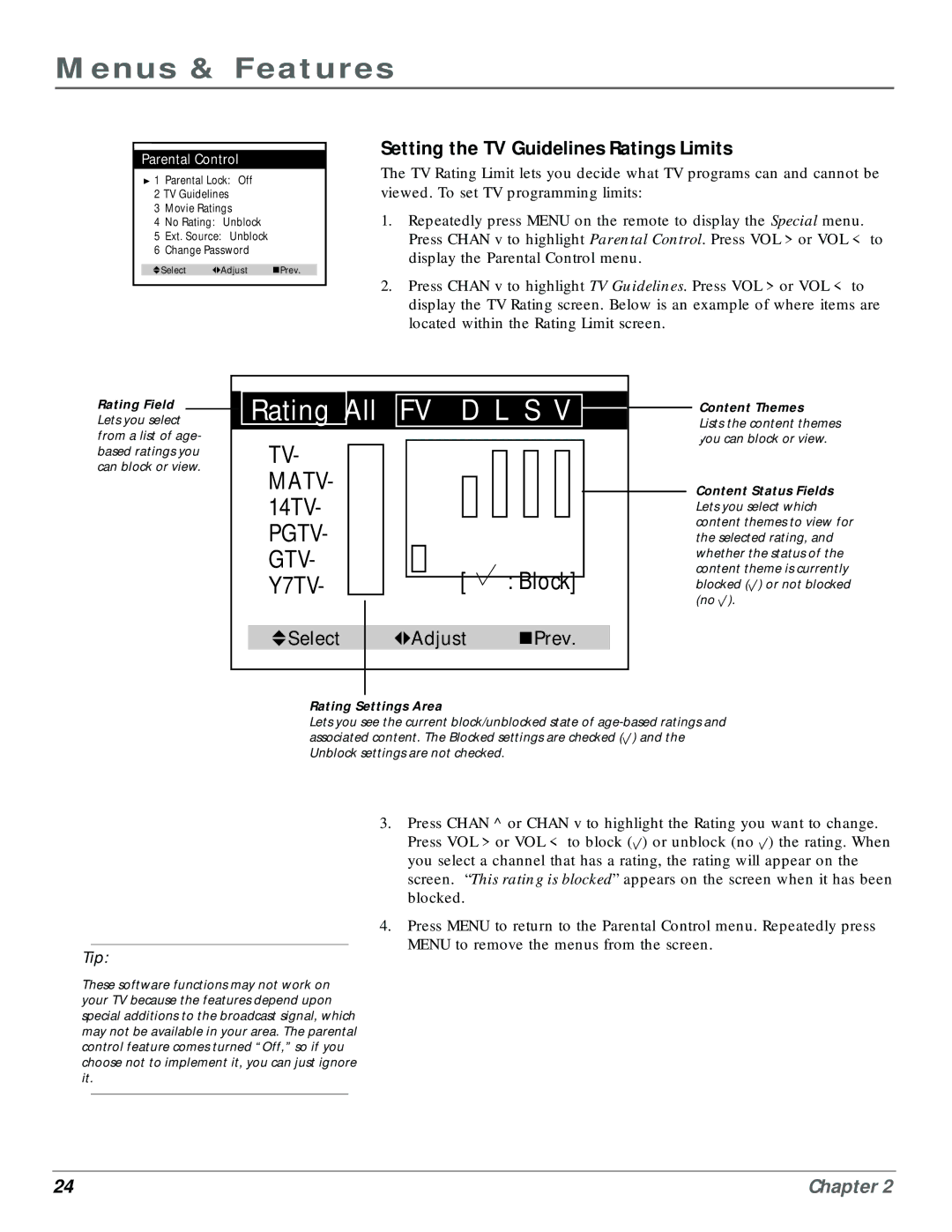 RCA MR14400, MR20400 manual Fv D L S, Setting the TV Guidelines Ratings Limits 